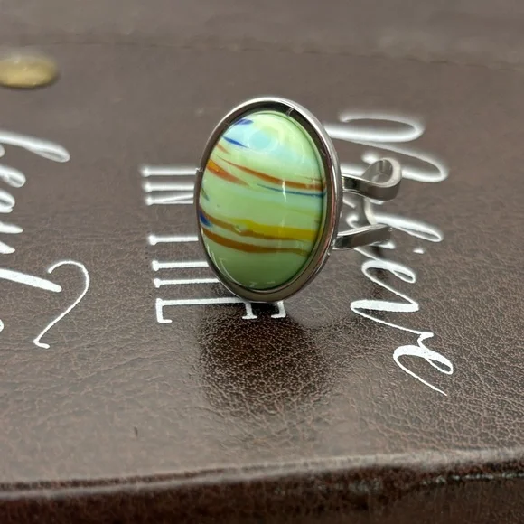 Vintage 70s Mint Green Striped Ring Adjustable - Picture 3 of 8